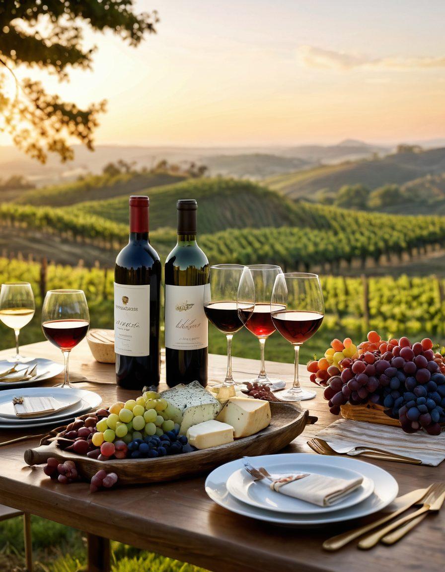 A beautifully arranged table showcasing a variety of wine bottles and elegant glasses filled with different red and white wines, set against a picturesque vineyard backdrop during a golden sunset. Include a few guests clinking glasses in celebration, with festive decorations and a cheese platter nearby. The scene should evoke a joyful and sophisticated atmosphere of a wine tasting event. super-realistic. vibrant colors. warm lighting.
