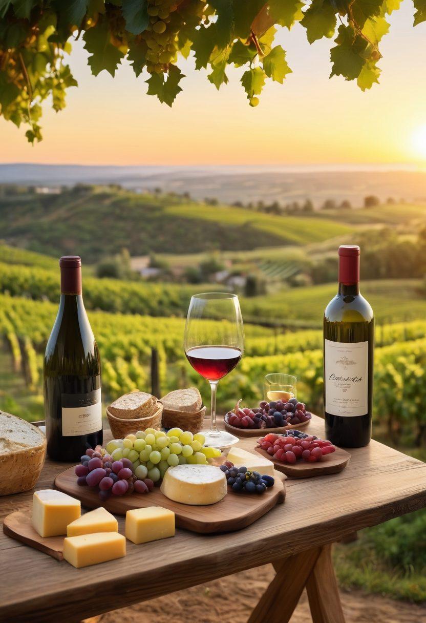 A picturesque vineyard landscape at sunset, with lush grapevines stretching across rolling hills. In the foreground, a rustic wooden table adorned with a variety of wine glasses filled with different shades of wine, accompanied by a cheese platter. An elegant wine bottle with a label displaying the title of the blog, and a wine expert in the background demonstrating a tasting event. Soft, warm lighting enhances the inviting atmosphere. super-realistic. vibrant colors. painting.