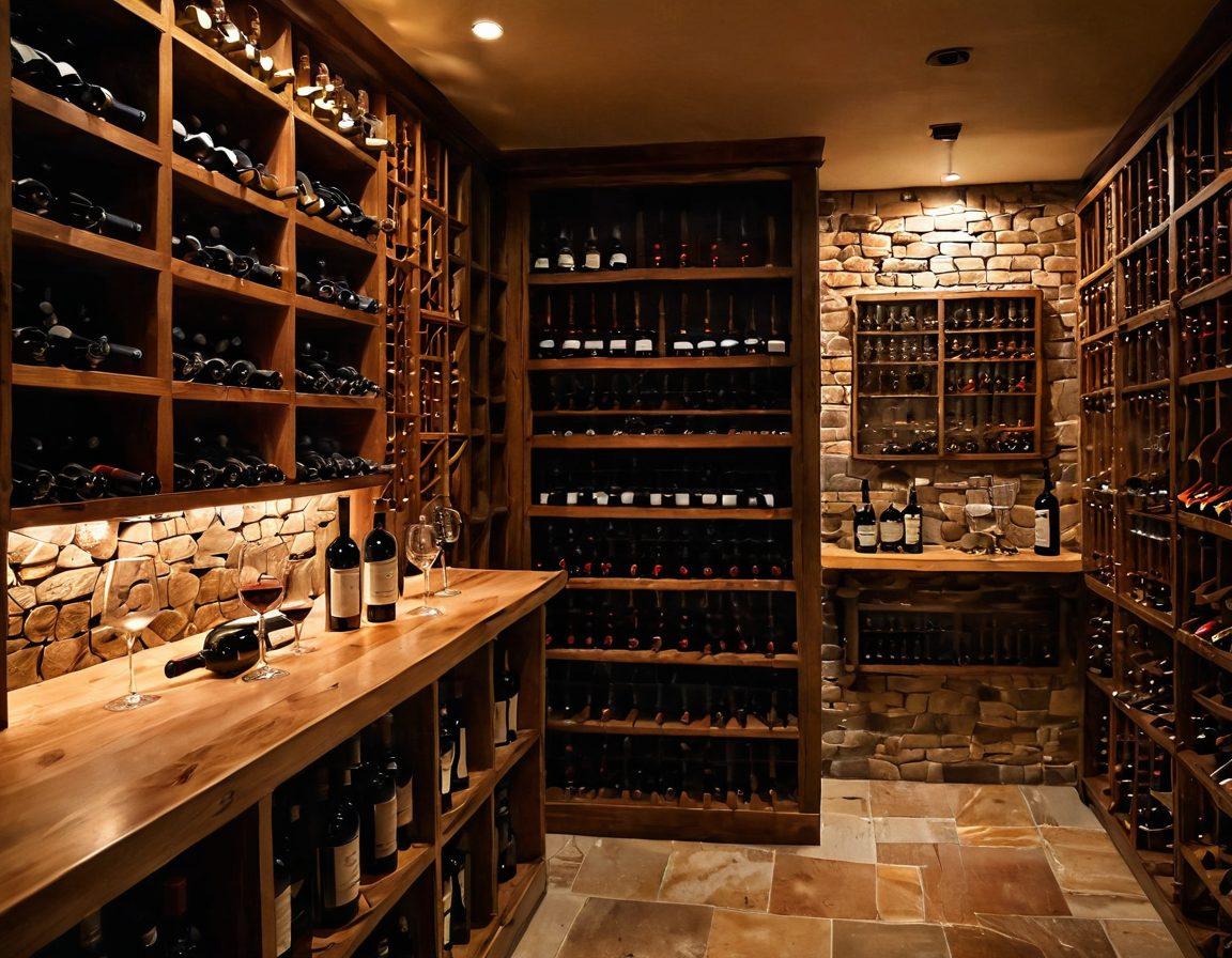 A cozy, elegant wine cellar filled with wooden shelves stocked with various wine bottles, a sommelier tasting wine with a graceful swirl, and a backdrop of wine tasting notes. Soft, warm lighting creates an inviting atmosphere. Add decorative elements like wine glasses and corks scattered artistically. painting. vibrant colors. warm tones.